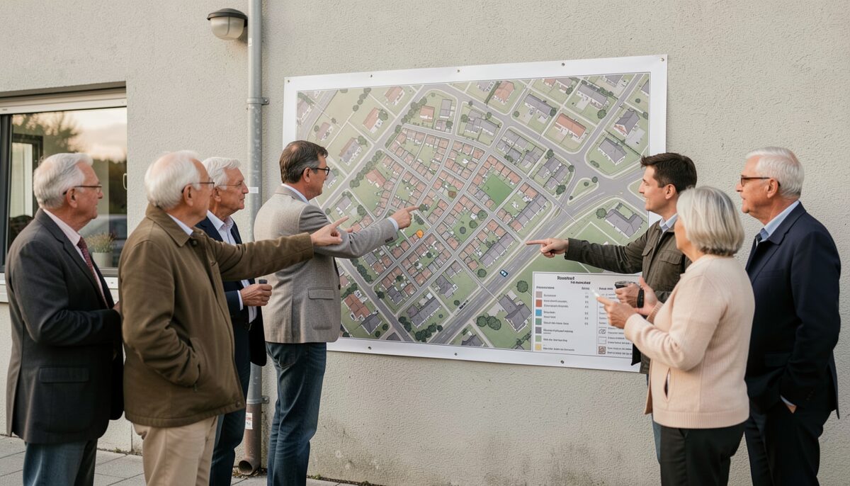 Un groupe d'habitants de tous âges debout autour d'un grand plan de quartier affiché sur un mur, discutant et pointant des lieux.