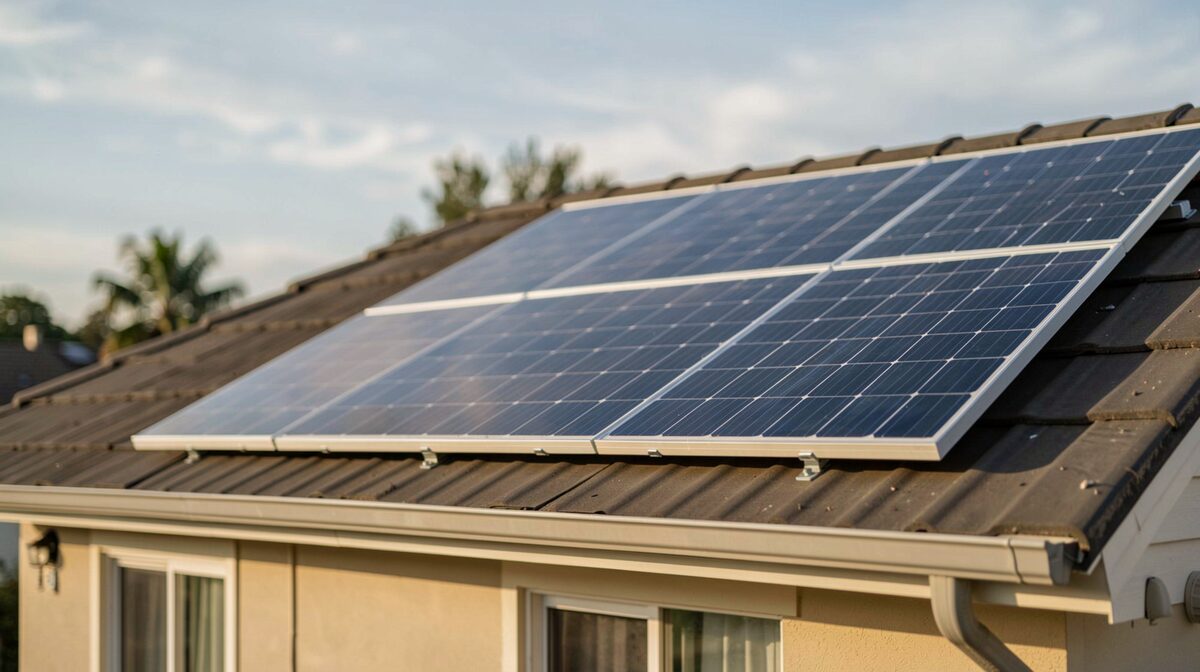Un panneau solaire sur le toit d'une maison individuelle à la lumière douce du matin, cadrage serré avec le ciel en arrière-plan.