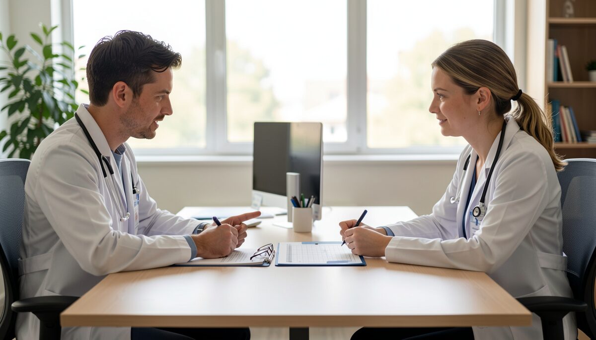 Deux professionnels de santé assis face à face dans un bureau, lunettes et grille d'évaluation posées entre eux, échangeant des notes.