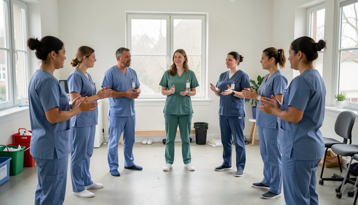 Un atelier de formation avec des soignant-e-s debout en cercle, mimant une situation de soin sous la conduite d'une formatrice.