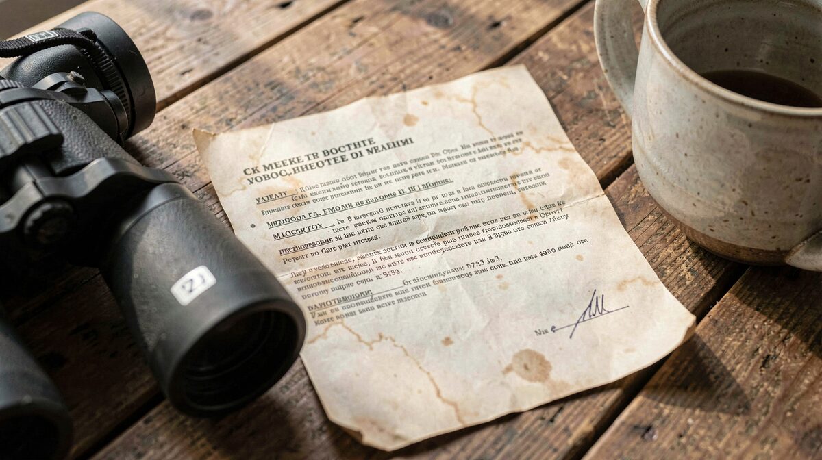Une feuille d'avis datée posée sur une table en bois, à côté de jumelles de chasse et d'un mug, lumière naturelle du matin, cadrage rapproché en plongée légère.
