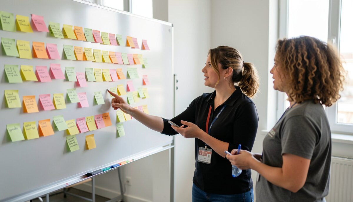 Une coordinatrice de projet devant un tableau blanc couvert de notes autocollantes colorées, discutant avec deux bénévoles.