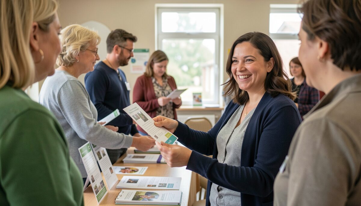 Un bénévole souriant accueillant des participants à un stand d'information dans une salle communautaire, tendant un dépliant.