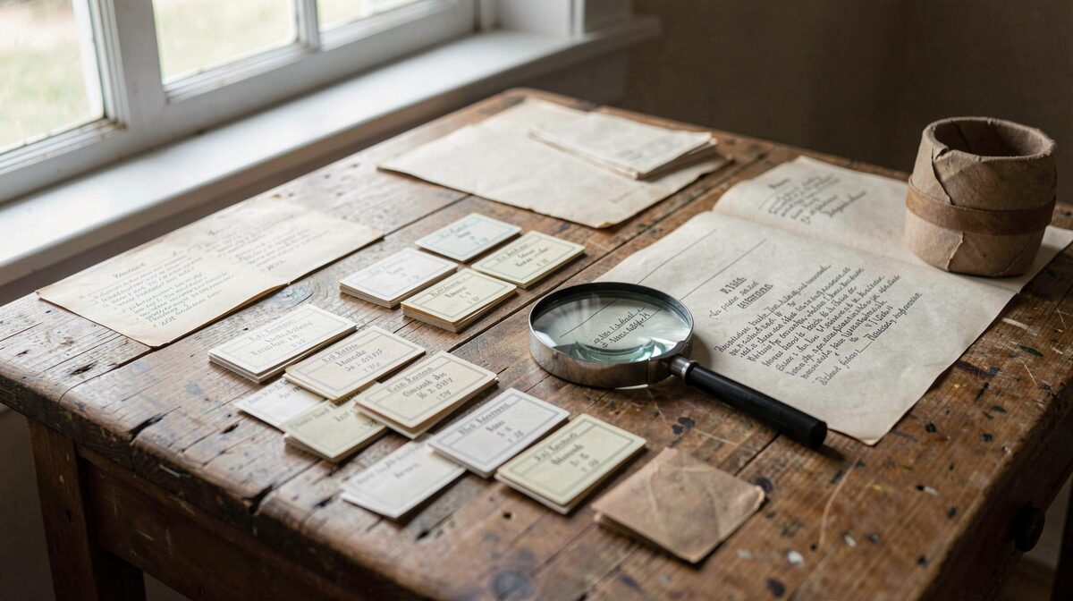 Une table de travail d'archiviste en lumière naturelle, avec des fiches de catalogue imprimées et une loupe, cadrée en vue légèrement plongeante.