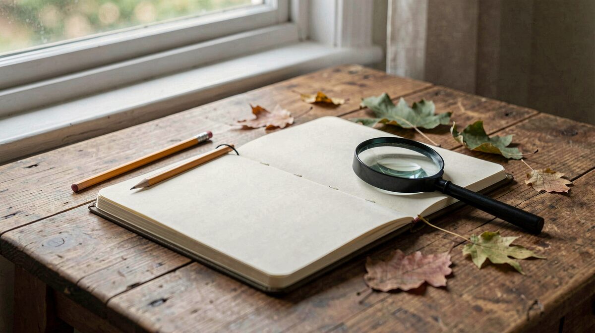 Un carnet de notes de terrain ouvert sur une table en bois près d'une fenêtre, avec un crayon, une loupe et des feuilles ramassées, lumière naturelle du matin, cadrage rapproché en plongée légère.