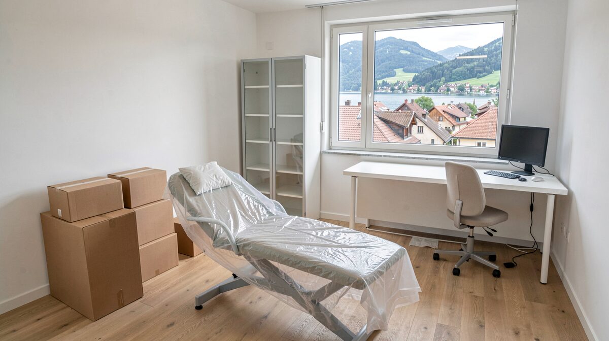 Une salle de consultation neuve en cours d'installation, table d'examen sous film plastique, cartons au sol, bureau et armoire vitrée, fenêtre donnant sur des toits de tuiles et un lac.