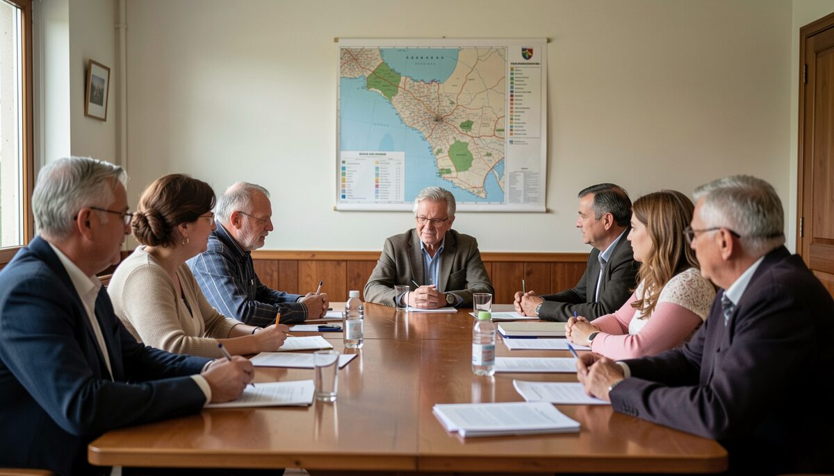 Une réunion dans une salle municipale avec des personnes autour d'une table, des documents et une carte locale affichée au mur.
