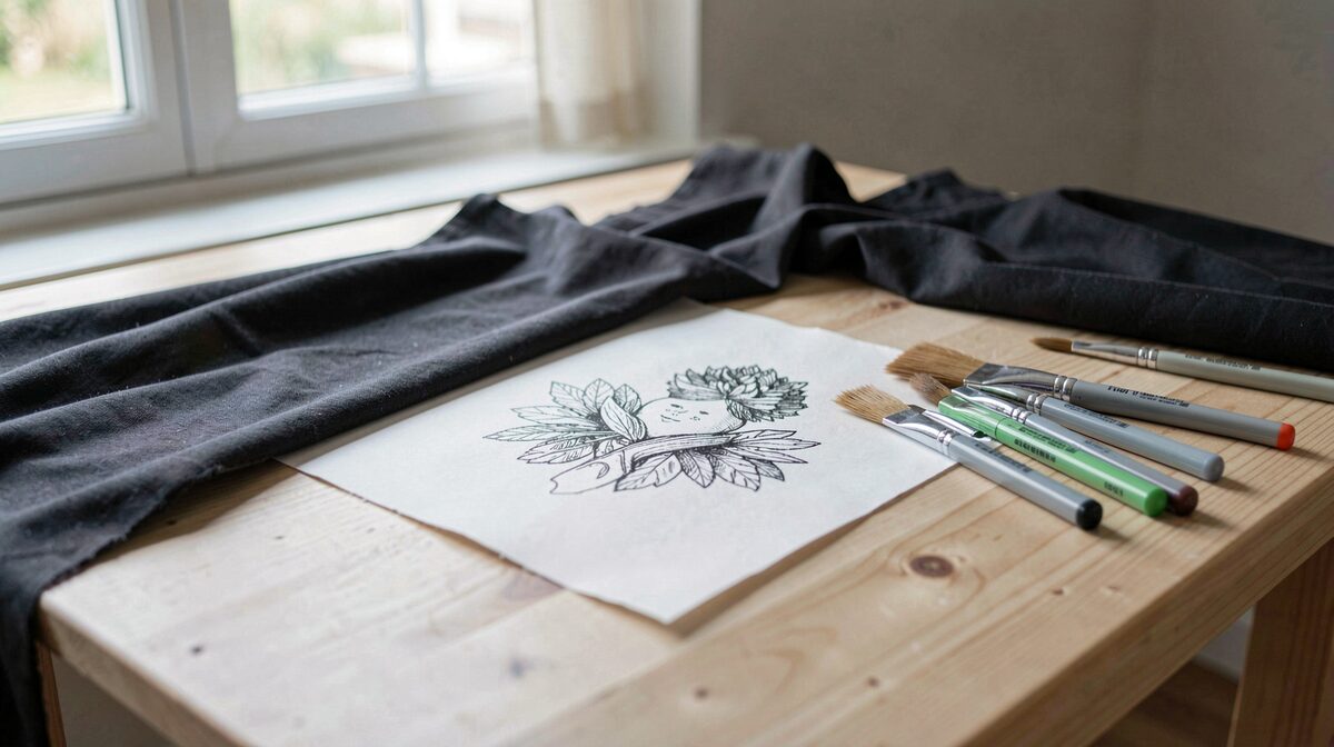 Une table de travail en bois clair éclairée par la lumière d'une fenêtre, avec un tissu foncé tendu, des pinceaux, des feutres textile et un motif à transférer.